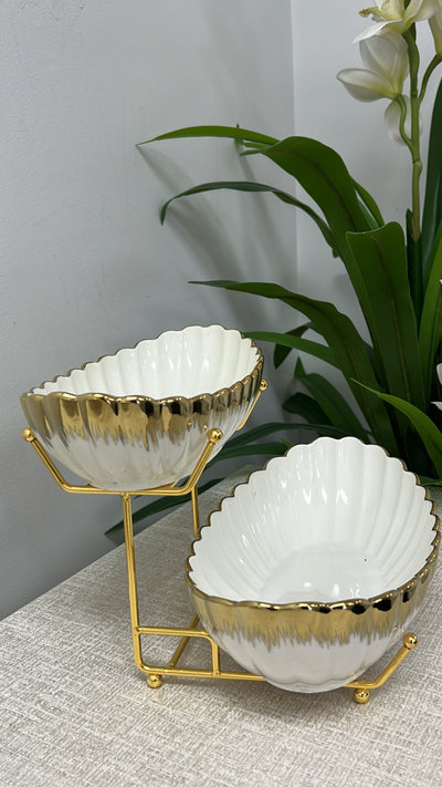 White and gold 2 tier rack oval serving platter - Luscious Homewares