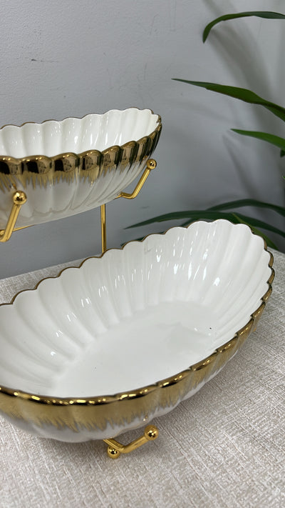 White and gold 2 tier rack oval serving platter - Luscious Homewares