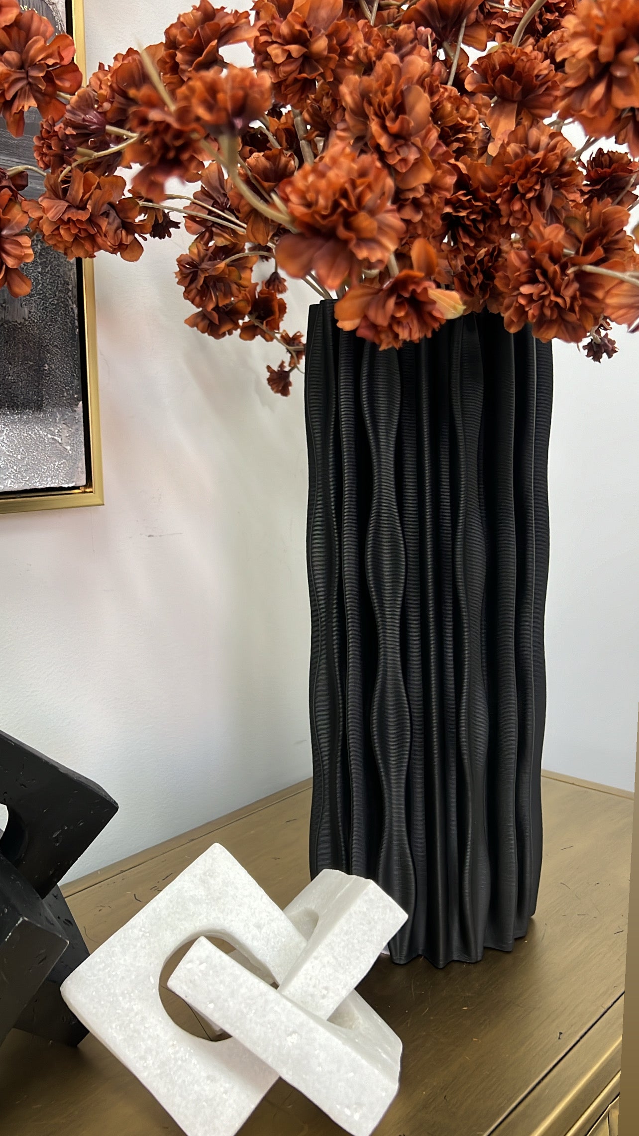 Ribbed tall ceramic black vase - Luscious Homewares