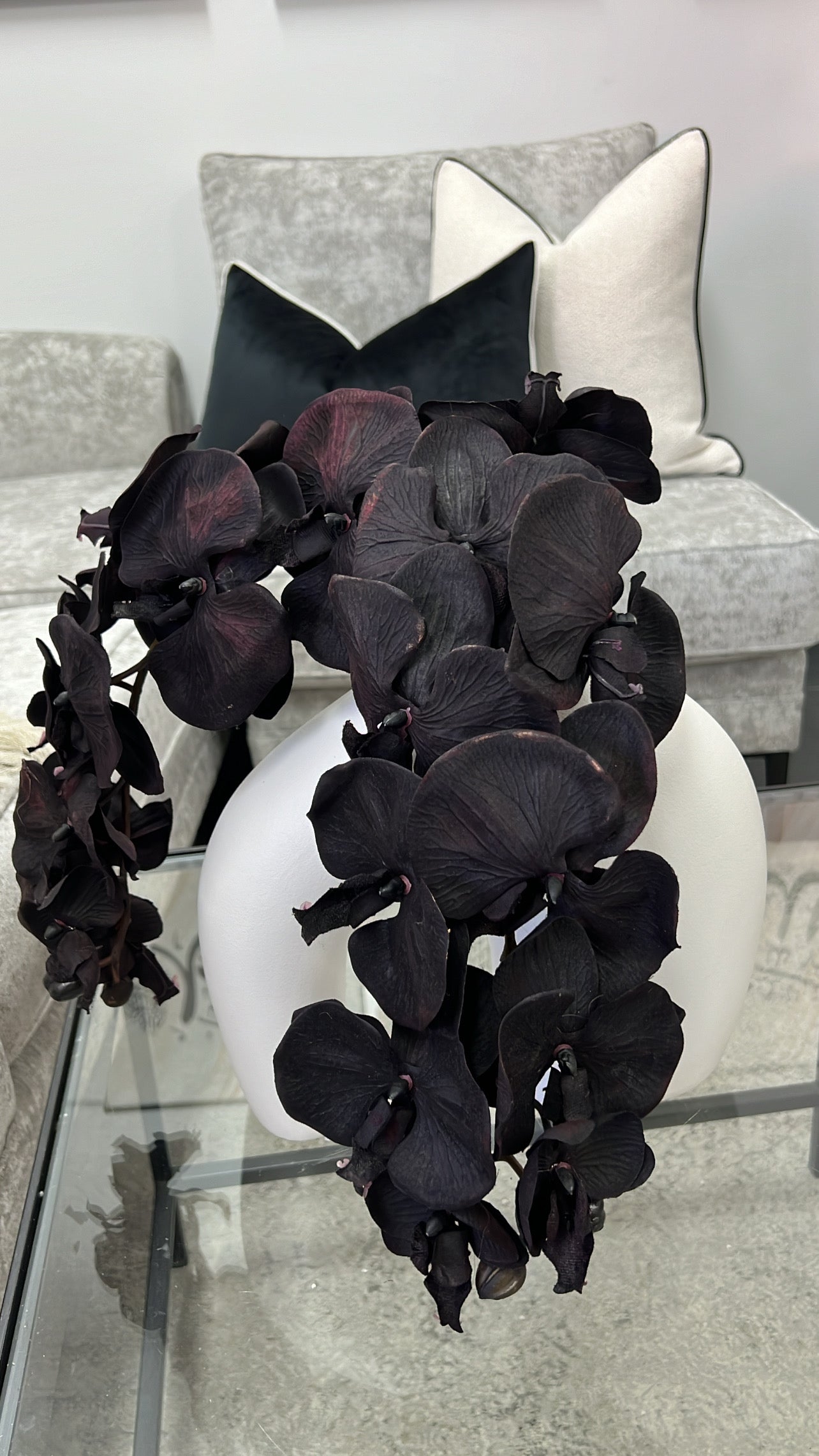 Zia white vase and black orchids - Luscious Homewares