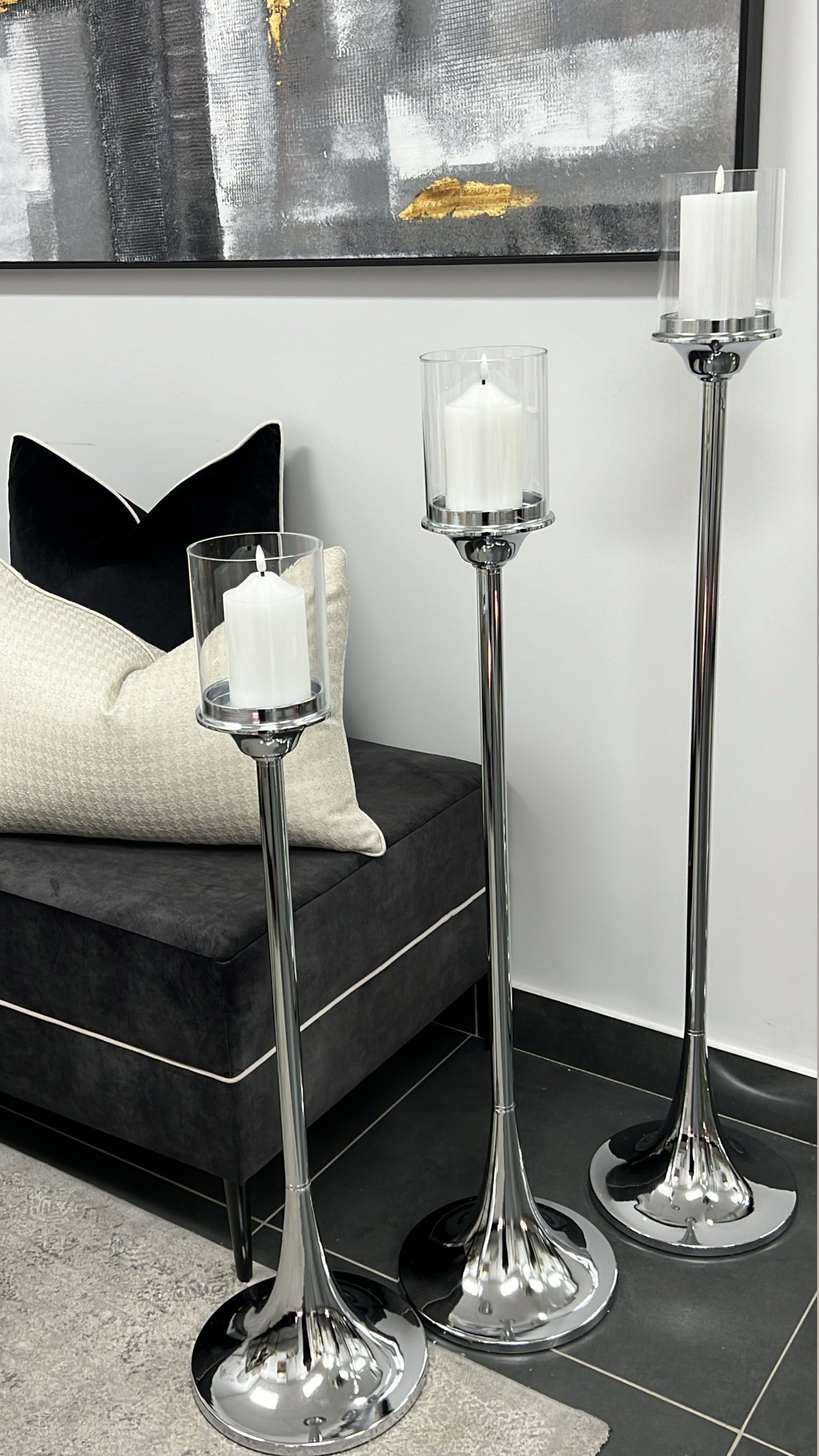 Silver floor candle holders - Luscious Homewares