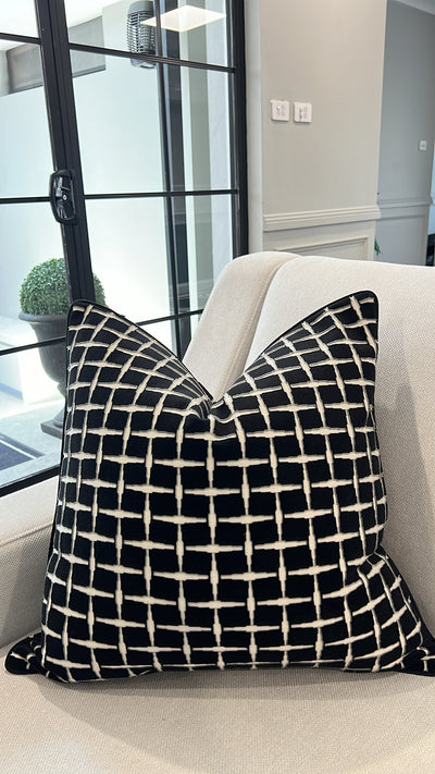 Checkers black Velvet cut cushion  55x55 - Luscious Homewares