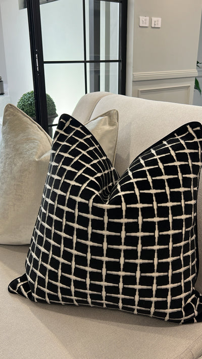 Checkers black Velvet cut cushion  55x55 - Luscious Homewares